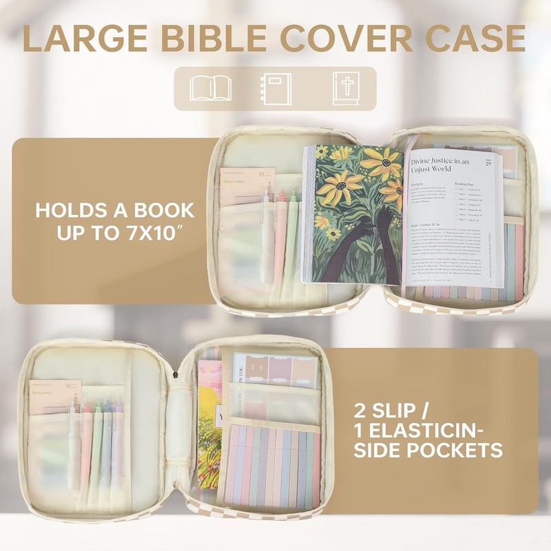 YKFLY Bible Cover Case for Women Corduroy Bible Case for Girls Checkered Large Bible Cover with Handle Bible Study Supplies Accessories Christian Gifts for Women (Khaki, Medium) - Image 4